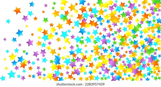 Rainbow Festive Confetti. Carnival Template. Colorful Star Falling. Beautiful Holidays Party. Little Tiny Multicolor Sprockets on White Background. Bright Vector Illustration.