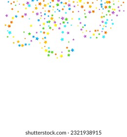 Rainbow Festive Confetti. Carnival Template. Colorful Star Falling. Beautiful Holidays Party. Little Tiny Multicolor Sprockets on White Background. Bright Vector Illustration.