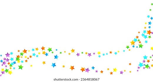 Rainbow Festive Confetti. Carnival Template. Colorful Star Falling. Beautiful Holidays Party. Little Tiny Multicolor Sprockets on White Background. Bright Vector Illustration.