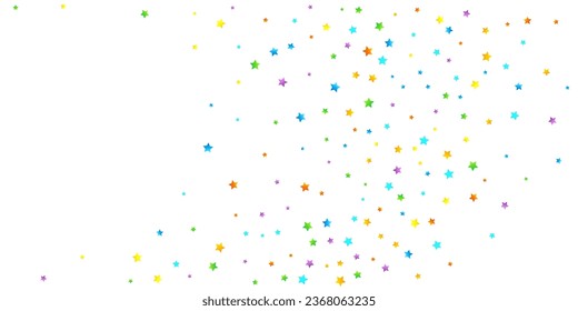 Confetti festivo arcoiris. Plantilla de Carnaval. Estrella Colorida Cae. Hermosa fiesta de vacaciones. Pequeños baldes multicolores sobre fondo blanco. Ilustración del vector brillante.