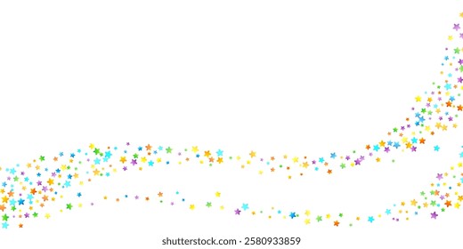 Rainbow Festive Confetti. Carnival Template. Colorful Star Falling. Beautiful Holidays Party. Little Tiny Multicolor Sprockets on White Background. Bright Vector Illustration.