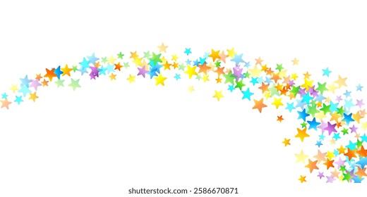 Rainbow Festive Confetti. Carnival Template. Colorful Star Falling. Beautiful Holidays Party. Little Tiny Multicolor Sprockets on White Background. Bright Vector Illustration.