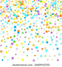 Rainbow Festive Confetti. Carnival Template. Colorful Star Falling. Beautiful Holidays Party. Little Tiny Multicolor Sprockets on White Background. Bright Vector Illustration.