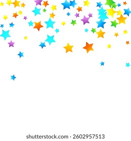 Rainbow Festive Confetti. Carnival Template. Colorful Star Falling. Beautiful Holidays Party. Little Tiny Multicolor Sprockets on White Background. Bright Vector Illustration.
