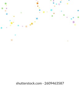 Rainbow Festive Confetti. Carnival Template. Colorful Star Falling. Beautiful Holidays Party. Little Tiny Multicolor Sprockets on White Background. Bright Vector Illustration.