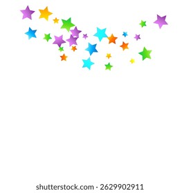 Rainbow Festive Confetti. Carnival Template. Colorful Star Falling. Beautiful Holidays Party. Little Tiny Multicolor Sprockets on White Background. Bright Vector Illustration.