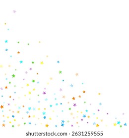 Rainbow Festive Confetti. Carnival Template. Colorful Star Falling. Beautiful Holidays Party. Little Tiny Multicolor Sprockets on White Background. Bright Vector Illustration.
