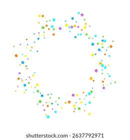 Rainbow Festive Confetti. Carnival Template. Colorful Star Falling. Beautiful Holidays Party. Little Tiny Multicolor Sprockets on White Background. Bright Vector Illustration.