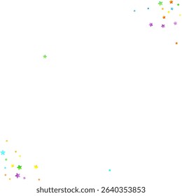 Rainbow Festive Confetti. Carnival Template. Colorful Star Falling. Beautiful Holidays Party. Little Tiny Multicolor Sprockets on White Background. Bright Vector Illustration.