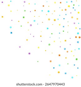 Rainbow Festive Confetti. Carnival Template. Colorful Star Falling. Beautiful Holidays Party. Little Tiny Multicolor Sprockets on White Background. Bright Vector Illustration.