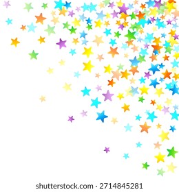 Rainbow Festive Confetti. Carnival Template. Colorful Star Falling. Beautiful Holidays Party. Little Tiny Multicolor Sprockets on White Background. Bright Vector Illustration.