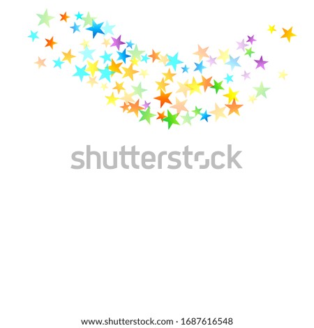 Rainbow Festive Confetti. Carnival Template. Colorful Star Falling. Beautiful Holidays Party. Little Tiny Multicolor Sprockets on White Background. Bright Vector Illustration.