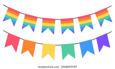 Rainbow festive flags, bunting garland, vector illustration, isolated on white