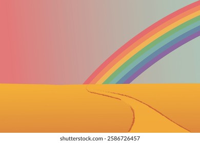 Rainbow in the field. Beautiful rainbow over a wheat field. Abstract landscape of a rainbow over a yellow wheat field, vector illustration.