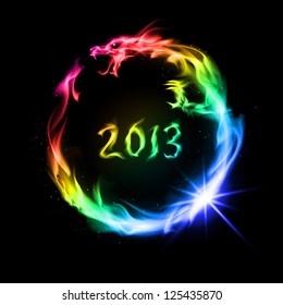 Rainbow fiery dragon. Illustration on black background for design.