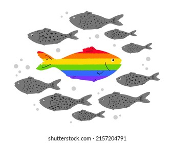 A rainbow fish swims against a school of gray fish. A poster to support the LGBT community. Be yourself. Pride Month. LGBT flag.