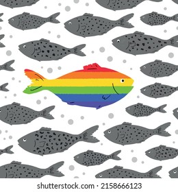 A rainbow fish swims against a school of gray fish. Seamless pattern to support the LGBT community. Be yourself. Pride Month. LGBT flag. Perfect for textile or fabric.