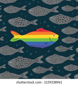 A rainbow fish swims against a school of gray fish. Seamless pattern to support the LGBT community. Be yourself. Pride Month. LGBT flag. Perfect for textile or fabric.