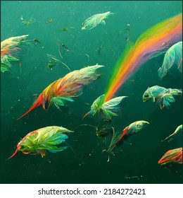 rainbow fishes swim in green sea vector art creative design. 