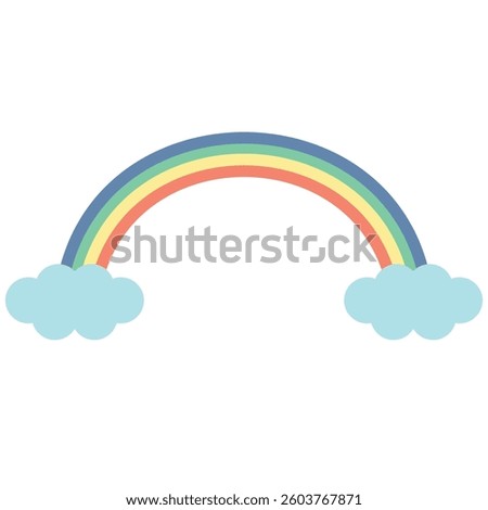 Rainbow with five colorful arcs between two light blue clouds, symbolizing hope, positivity, and natural beauty. Rainbow, clouds, colors.