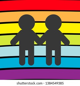 Rainbow flag backdrop. LGBT gay symbol. Two boy man marriage sign. Colorful line set. Flat design. Black background. Vector illustration