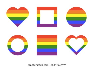 Rainbow flag backdrops. Gay pride frames. Progress Logo symbol. LGBT icons. Stickers in rainbow colors. Circle, square, heart badge, push button. Template flat design.