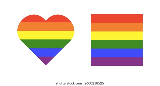 Rainbow flag background. Gay pride frames. Progress Logo symbol. LGBT icon. Stickers in rainbow colors set. Square, heart badge, button, backdrop, mockups. Minimal template design.