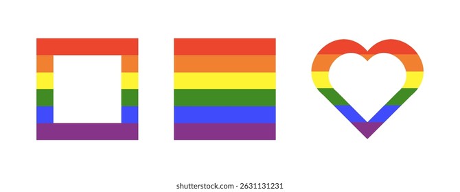Fondo de la bandera del arco iris. Marcos de orgullo gay. Símbolos del logotipo de progreso. Cuadrado LGBT, iconos de corazón. Pegatinas en colores del arco iris. Cuadrado, insignia del corazón, Botón, telón de fondo. Diseño de Plantilla.