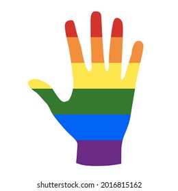 Rainbow flag colors contained in a human hand shape as a symbol of peace and tolerance - Vector illustration of LGBT editable high colorful logo