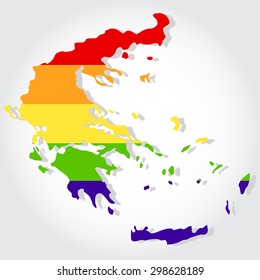 Rainbow flag in contour of Greece. Lgbt flag  in contour of Greece with light grey background