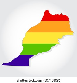 Rainbow flag in contour of Morocco. Lgbt flag in contour of Morocco with light grey background.