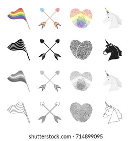Rainbow flag, crossed arrows, fingerprints, unicorn head. Sexual minority set collection icons in cartoon black monochrome outline style vector symbol stock illustration web.