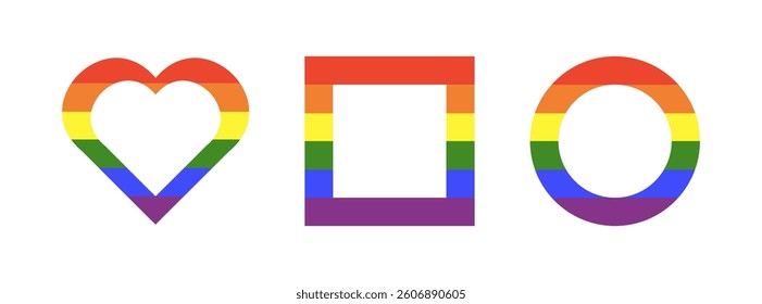 Rainbow flag frames. Gay pride, progress logo symbols. LGBT icons. Stickers in rainbow colors. Round, rectangular, heart badge, button. Template design elements.