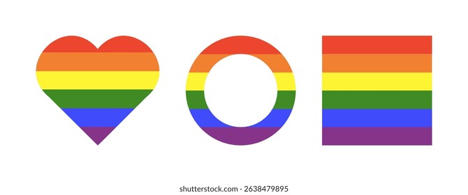 Rainbow flag frames. Gay pride background. Progress Logo symbols badges. Stickers in rainbow colors. LGBT circle, square, heart icons. Rounds, hearts, rectangles push buttons. Simple template design.