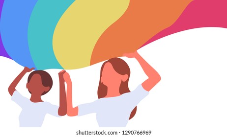 Rainbow flag. Hand drawn lgbt girls under rainbow flag. LGBT pride. Colorful vector illustration in flat style.