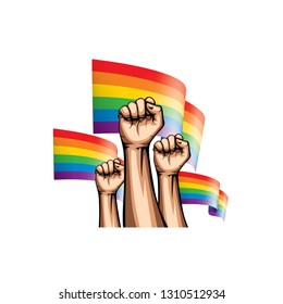 Rainbow flag and hand on white background. Vector illustration