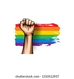 Rainbow flag and hand on white background. Vector illustration