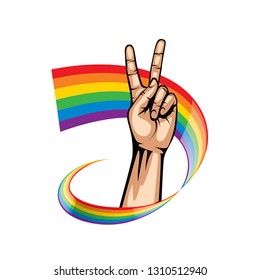 Rainbow flag and hand on white background. Vector illustration