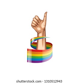 Rainbow flag and hand on white background. Vector illustration