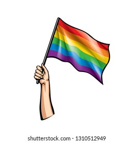 Rainbow flag and hand on white background. Vector illustration