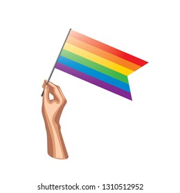 Rainbow flag and hand on white background. Vector illustration