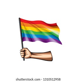 Rainbow flag and hand on white background. Vector illustration