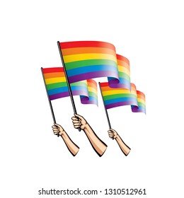 Rainbow flag and hand on white background. Vector illustration