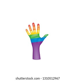 Rainbow flag and hand on white background. Vector illustration