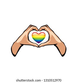 Rainbow flag and hand on white background. Vector illustration