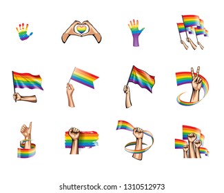 Rainbow flag and hand on white background. Vector illustration
