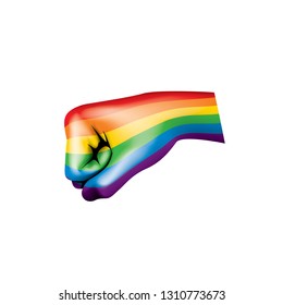 Rainbow flag and hand on white background. Vector illustration