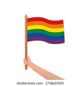 Bandera arcoiris en mano. Bandera del Orgullo, símbolo lgbt en la mano, elementos de diseño para el mes del orgullo. Icono de símbolo de amor. Ilustración vectorial en fondo aislado blanco.