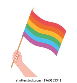 Rainbow flag in hand. Pride flag, hand holding lgbt symbol isolated on white background, vector illustration