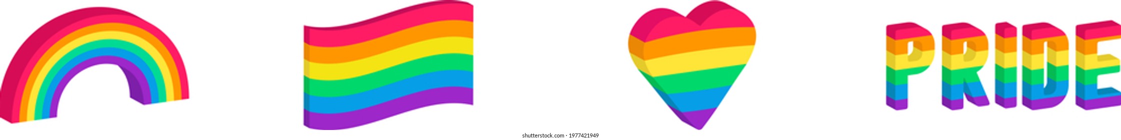Rainbow flag, heart, arch and text pride, isometric vector set. Tolerance and Diversity concept.
